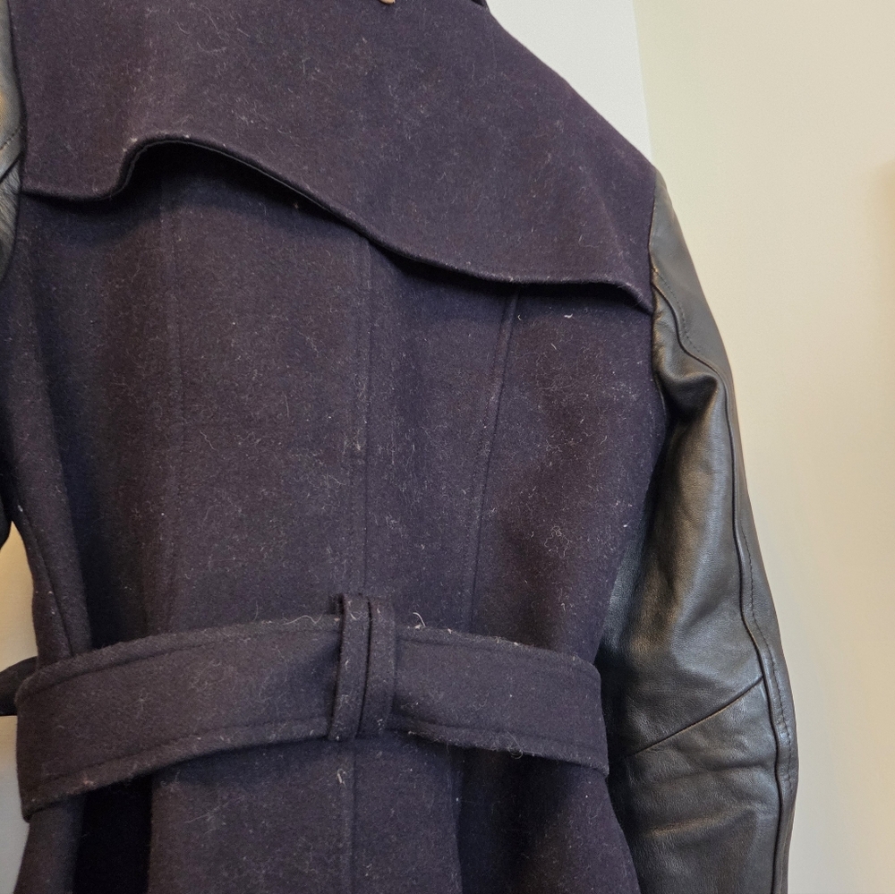 Women's Mackage Dale Wool Trench Coat with Leather Sleeves - Black - Size Medium - Picture 9 of 16